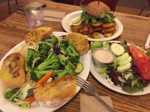 Brahma burger, Prima Vera pasta, Salad at Dharma's in Capitola