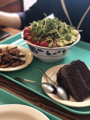 Salad and chocolate cake  at Dharma's in Capitola