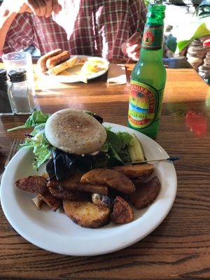 Gluten free burger with fries on the side 😃👍 at Dharma's in Capitola