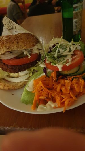 Swabian Burger( Made of SunflowerSeeds) with salad. Great! at Yoyo Foodworld in Berlin