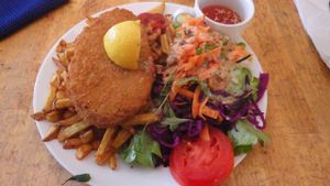 Schnitzel and chips with salad at Yoyo Foodworld in Berlin
