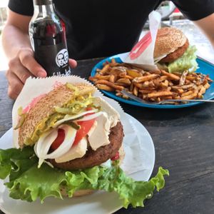 Burgers, fries and soda at Yoyo Foodworld in Berlin