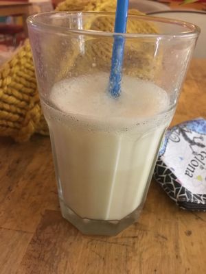 Half drunk banana milkshake at Yoyo Foodworld in Berlin
