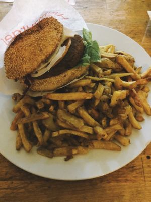 Bacon burger and lots of fries! at Yoyo Foodworld in Berlin