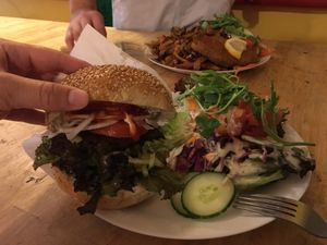 Seitan a burger with a salad & Schnitzel with salad and fries at Yoyo Foodworld in Berlin