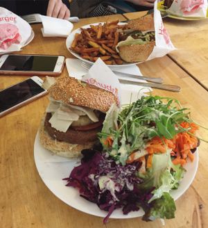 Burger with salad at Yoyo Foodworld in Berlin