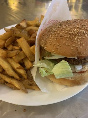 Beyond burger with fries at Yoyo Foodworld in Berlin