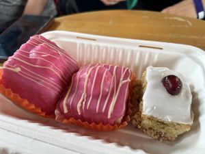 Cakes from Vegan Bay Baker. The French Fancies are huge!  at Spider on a Bicycle in Aboyne