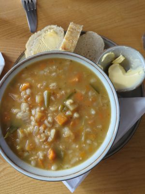 Vegan soup with vegan butter at Spider on a Bicycle in Aboyne