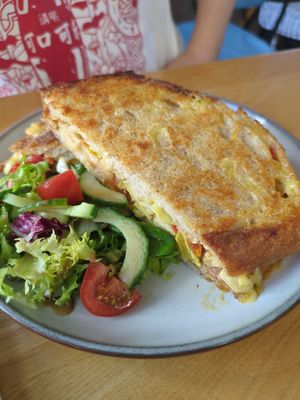 Vegan toastie with vegan cheese at Spider on a Bicycle in Aboyne