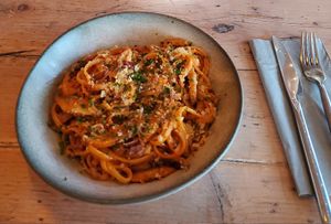 Roasted Mushroom linguine at Catch 22 Brasserie in Anglesey