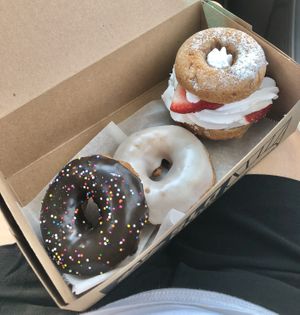 Vegan cake doughnuts! Chocolate, vanilla bean, and strawberry whipped cream! at SloDoCo in San Luis Obispo