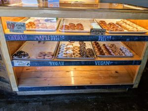 Bottom shelf for vegan donuts! at SloDoCo in San Luis Obispo