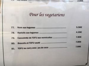 Prices of vegetarian dishes  at Jardin De Chiang Mai in Paris