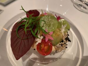 Avocado Beignet with Shine muscats　and tomatoes at Sens et Saveurs in Tokyo