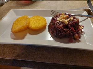 Red cabbage caponata with gnocchi fritti at GingerGi in Padua