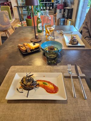 Filled aubergine,  and lentil falafels at GingerGi in Padua