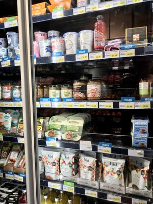 Vegan sausages, yoghurts, kimchi and ragu...  at Jay's Budgens in South East London