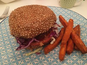 ordered beyond meat burger and sweet potato fries at Plain in Vienna