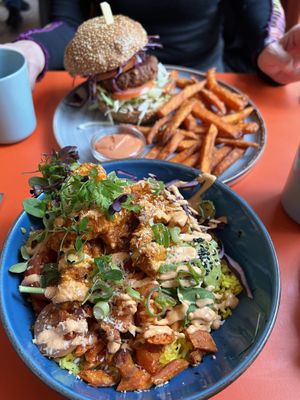Vegan shrimp bowl and beyond burger  at Plain in Vienna
