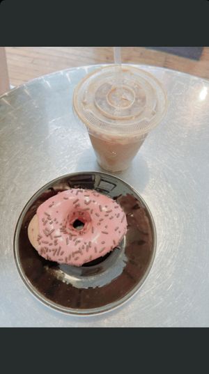raspberry donut and latte!  at Kaibur Coffee in Pittsburgh