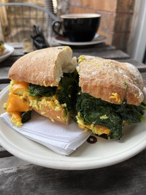 Breakfast sandwich with added spinach  at Kaibur Coffee in Pittsburgh
