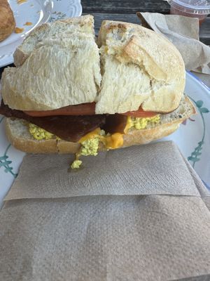Vegan egg and cheese sandwich with vegan bacon   at Kaibur Coffee in Pittsburgh