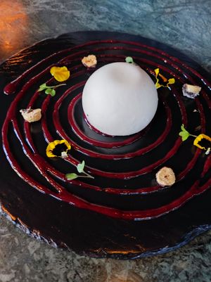 Postre de esfera vegana at Bidasoa Restaurant at Hotel Bidasoa in Santiago