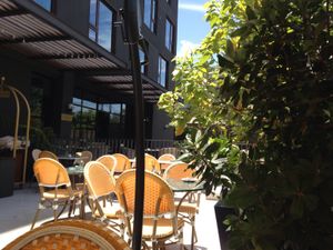 Outdoor patio at Bidasoa Restaurant at Hotel Bidasoa in Santiago