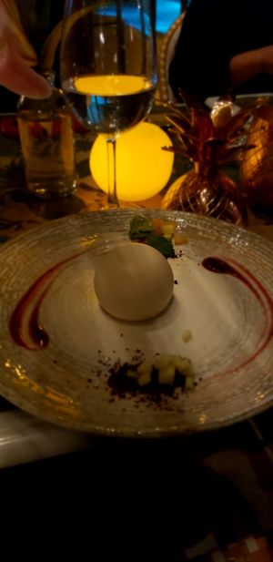 Vegan sphere filled with caramel sauce at Bidasoa Restaurant at Hotel Bidasoa in Santiago