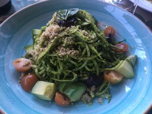 Fetuccino de zuchini al pesto. Plato crudivegano at Bidasoa Restaurant at Hotel Bidasoa in Santiago