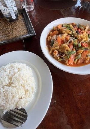 Panang curry +rice 85000kip   at Mama Leuah in Don Det