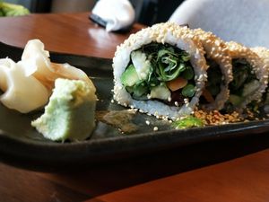 Best vegan sushi Ive tasted. You need to ask and make sure the sauce on top is vegan. at Sushi Mori in Bangkok