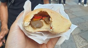 Inside baked vegetable luini at Panzerotti Luini in Milan