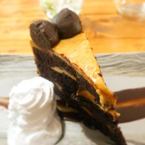 Caramel and chocolate cake at Vegano in Newcastle Upon Tyne