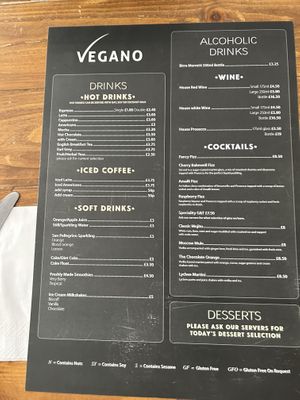 Drink menu  at Vegano in Newcastle Upon Tyne
