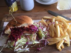spicy chkn burger and chips at Vegano in Newcastle Upon Tyne