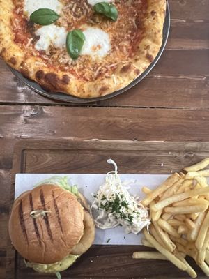 Pizza Margherita and Ultimate Vegano Cheez Burgerr  at Vegano in Newcastle Upon Tyne