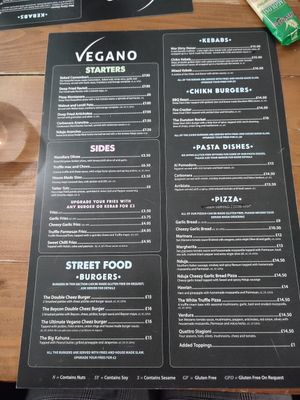 Menu at Vegano in Newcastle Upon Tyne
