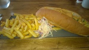 Chilli dog, fries and slaw at Vegano in Newcastle Upon Tyne