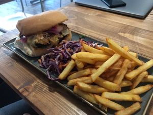 Burger and fries at Vegano in Newcastle Upon Tyne