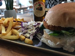 Chikn burger, coleslaw, fries & beer match day special deal  at Vegano in Newcastle Upon Tyne