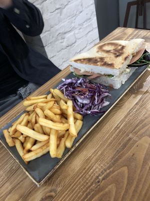 Stottie with vegan ham and pease pudding  at Vegano in Newcastle Upon Tyne