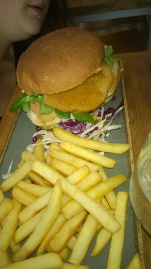 Chicken burger, fries and slaw at Vegano in Newcastle Upon Tyne