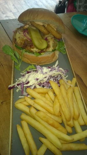 Cheese burger, fries and slaw at Vegano in Newcastle Upon Tyne