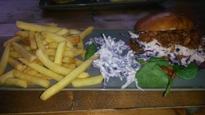 BBQ pulled pork burger with apple slaw and fries at Vegano in Newcastle Upon Tyne