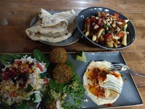 Mezze with loaded fries... couldn't wait to tuck in! at Vegano in Newcastle Upon Tyne