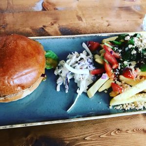 Vegatsu chickn burger with sweet chilli fries  at Vegano in Newcastle Upon Tyne