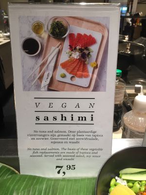 Sign for vegan sashimi at De Bijenkorf in Utrecht