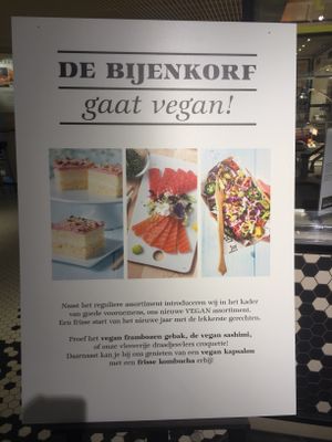Sign saying: this shop is going vegan at De Bijenkorf in Utrecht